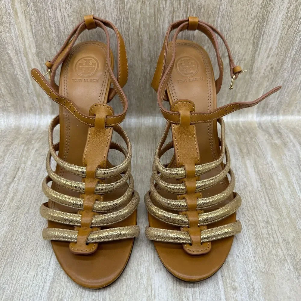 Tory‎ Burch Charlene Gold Ankle Strap Gladiator High Heels Sandals 8.5 Pumps